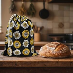 Daisy Cotton Bread Bag – Reusable Bread Storage, Handmade Drawstring Bread Bag